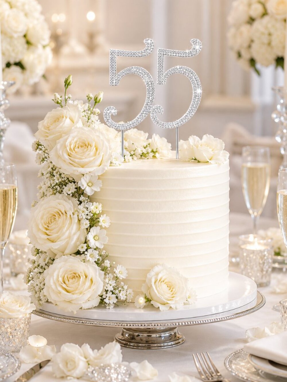 Rhinestone Cake Topper - Number 55 - Silver Metal with Czech Rhinestones